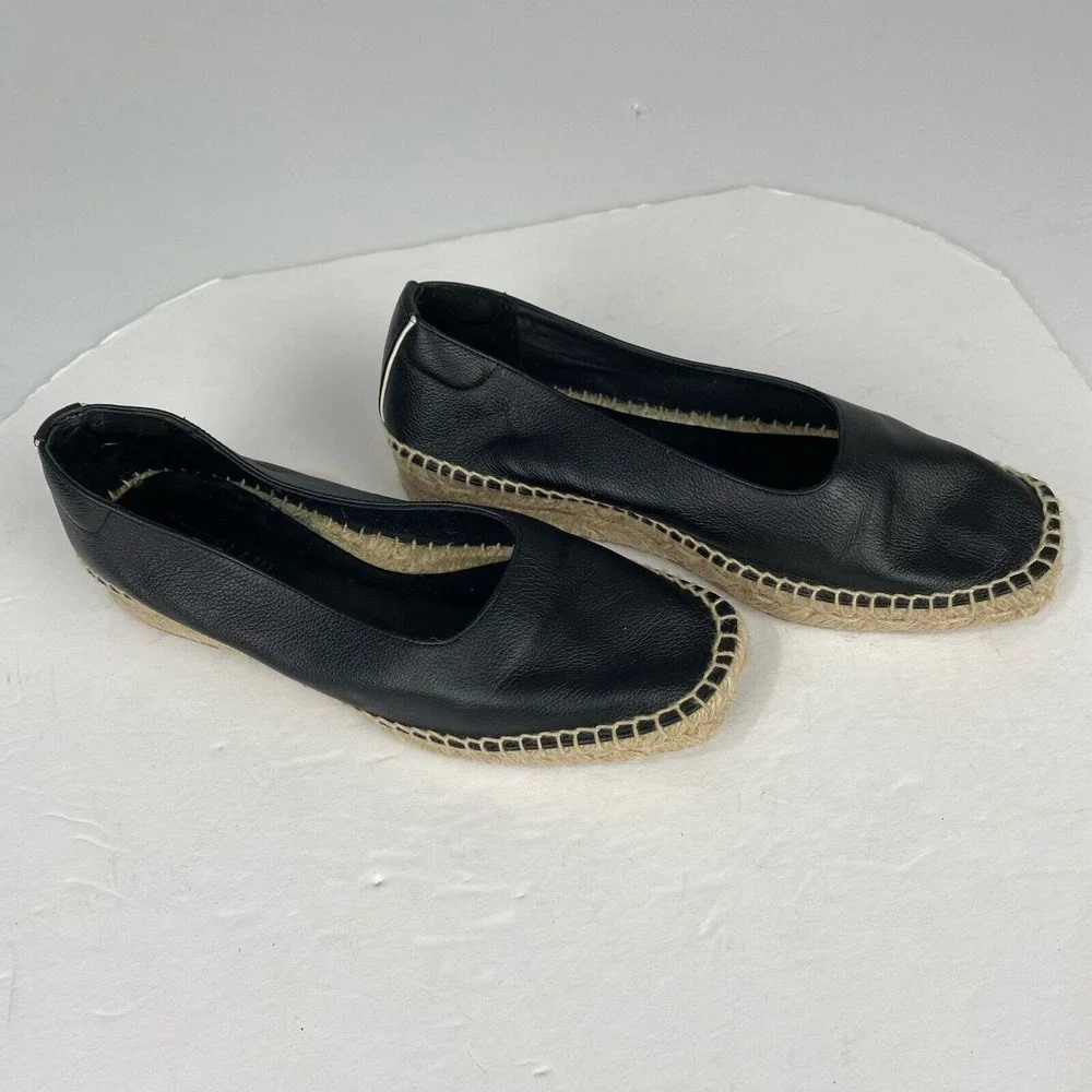 Everlane Womens,‎ Shoes black leather and jute espadrille size 8 black.